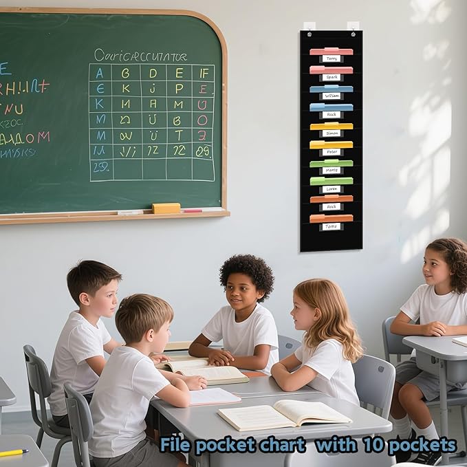 ANCOMEDO 10 Pocket Hanging Wall File Organizer with 10 Nametag Pockets, File Pocket Chart for Classroom and Office. Perfectly Stores Assignments, Files, Scrapbooks, and Documents.