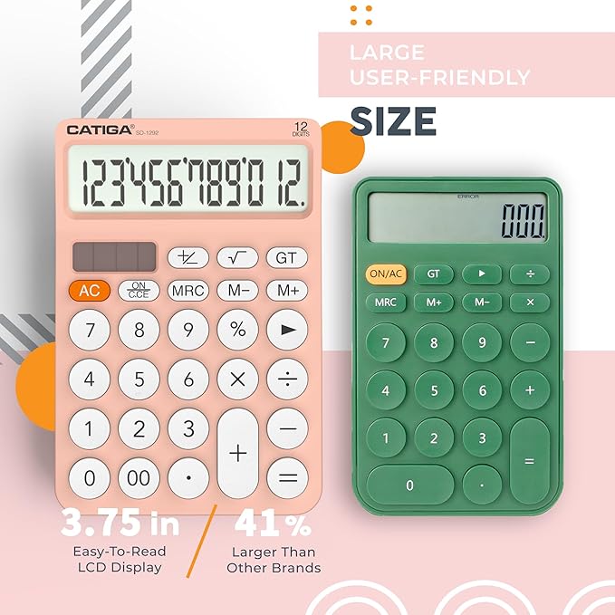 CATIGA 12 Digit Desktop Calculator Basic Desk Calculator with Large LCD Display, Big Buttons, 4 Function, Solar and Battery Dual Power, for Office, School, Home, SD-1292 Pink