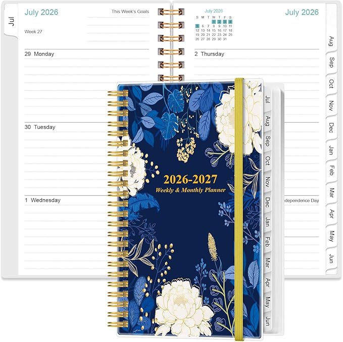 2026-2027 Pocket Planner/Calendar - 2026-2027 Planner from July 2026 - June 2027, Planner 26-27 with 12 Tabs, Twin-Wire Binding, Inner Pocket, 3.75" x 6.75, Blue Leaf Flower