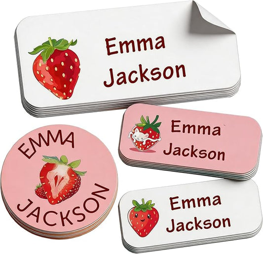Waterproof Custom Name Stickers (135 Labels) - Personalized Daycare Labels for Clothing, Water Bottles, Lunch Boxes & School Supplies - Ideal for Camp & Daycare - No-Iron (Strawberries)