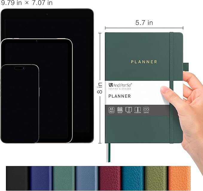 And Per Se Undated Planner, Weekly & Monthly Planner with Goal & Habit Tracker, A5 Leather Hardcover Productivity Journal for Academic Year (Forest Green)