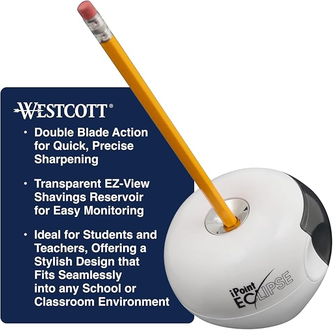 Westcott iPoint Eclipse Battery Pencil Sharpener, Unique Two-Blade Technology, EZ-View Reservoir, Requires 4 AA Batteries, White, for Home, Small Office, Classroom, Back to School, School Supplies