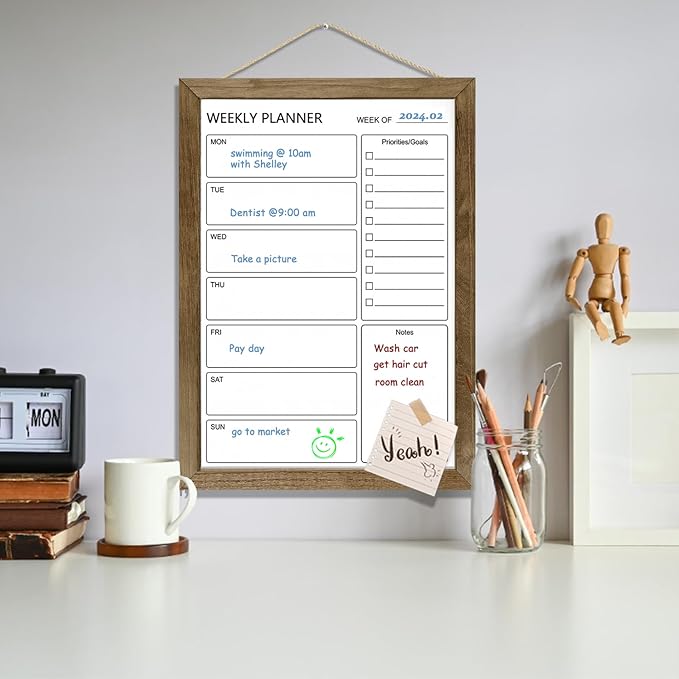 Dry Erase White Board Weekly Calendar Board, Magnetic Whiteboard for Wall,10.6“x14.7 Solid Wood Rustic Brown Framed Message Board, Planner Board for Office, Home, Schooll(Weekly-BB-RB-2737)