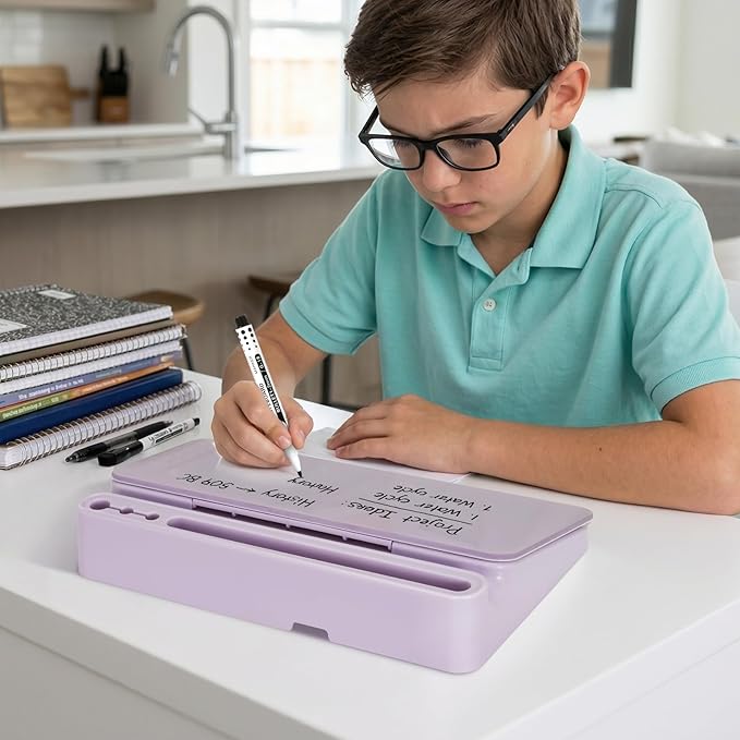 DOLLAR BOSS 12''x7'' Glass Desktop Whiteboard Small Dry Erase Board with Storage Drawer Computer Keyboard Stand Desk Organizer Office Accessories School Supplies with 4 Markers, Purple