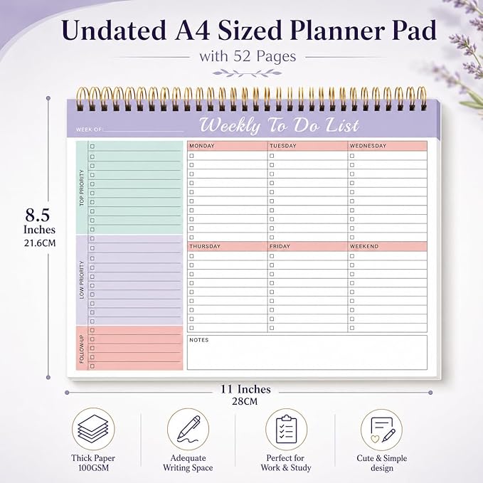 Weekly To Do List Notepad with 52 Undated Sheets（8.5"×11"）- Weekly Desk Planner Pad with Spiral Binding for Women & Man, Office, School and Home Personal Organizer