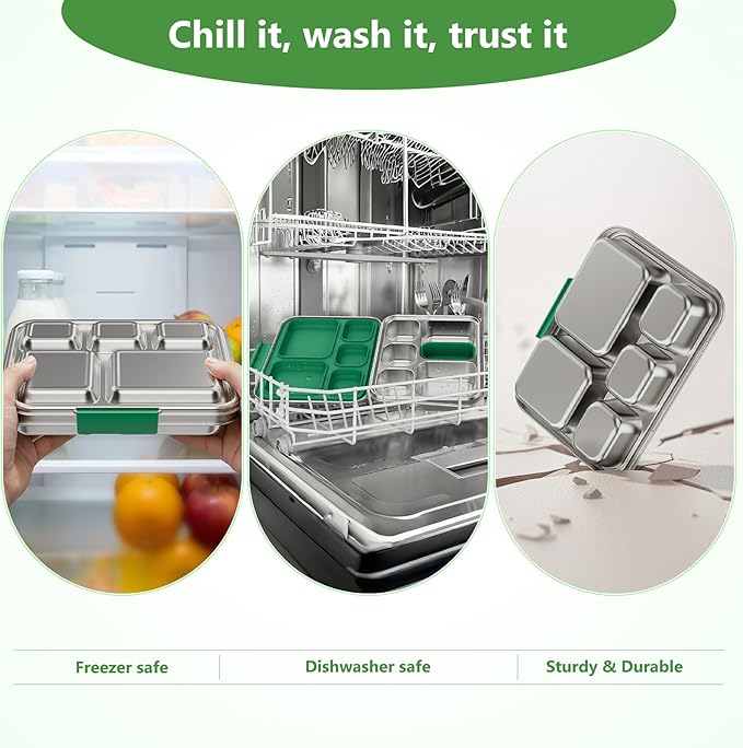 Pawtong Stainless Steel Lunch Box, 5-Compartment Bento Lunch Box for Kids & Adults,Metal Lunch Box with Removable Silicone Container, Lunch Box Containers for School,Office(Green)