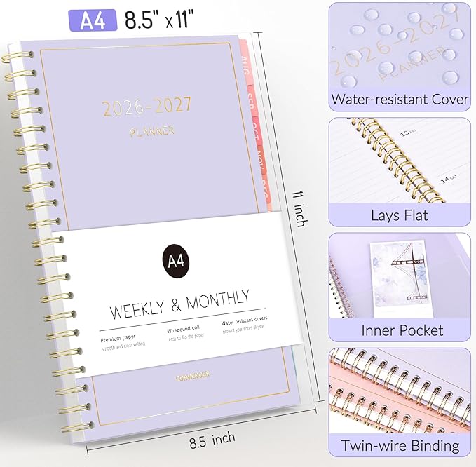 Aug 2026 - Dec 2027 Planner, Forvencer 17 Month Academic Planner 2026-2027, 8.5" x 11", Calendar Planner Weekly and Monthly, Daily Agenda Book, College School Supplies for Student Teacher, A4, Pink