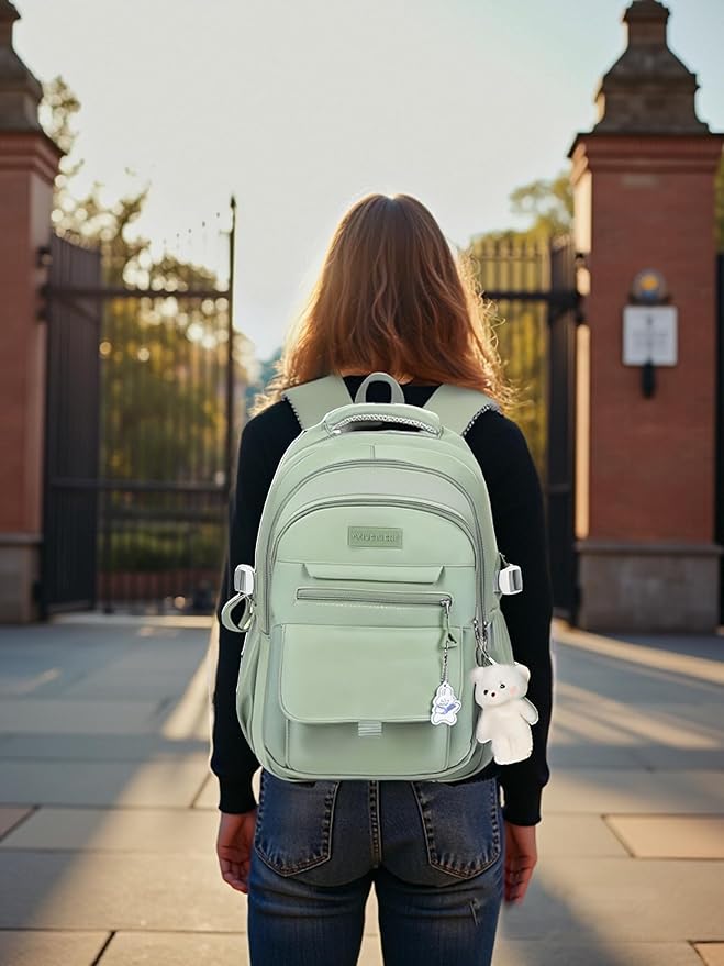 PRLINJSK Girls Backpack for College High Middle School Student, Cute Aesthetic Bookbag for Teens Women with Accessories,Green
