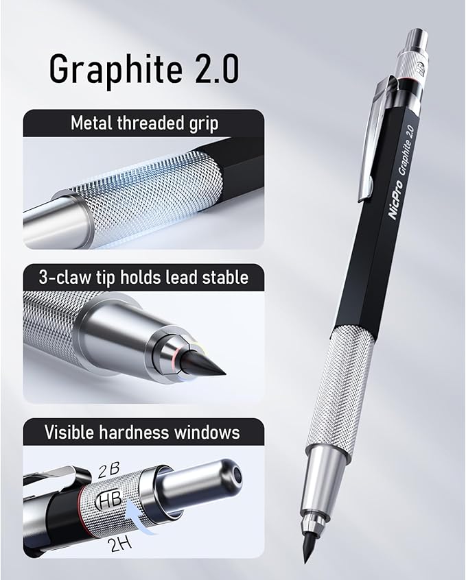 Nicpro 2mm Metal Mechanical Pencil Set, 2PCS Lead Holder 2.0 mm Marker Artist Carpenter Pencils with 120 Graphite Lead Refill (HB 2H 4H 2B 4B & Color), 2 Eraser for Drafting, Drawing Writing Sketching