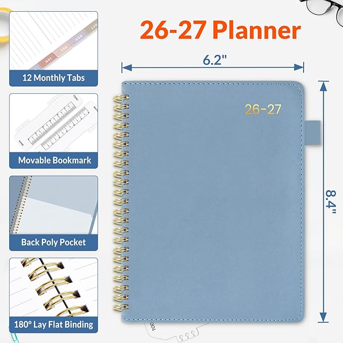 SUNEE 2026-2027 Weekly & Monthly Planner 6.4"x8.5" - 12 Month (July 2026 - June 2027), Vegan Leather Cover Planner Academic Year Calendar, Pocket, Notes, Monthly Tab, Blue