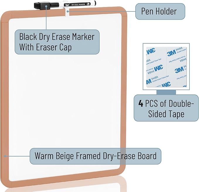 Mr. Pen- Dry Erase Board, 14” x 11” with a Black Dry Erase Marker, Copper Tan Frame, Small Mini White Board for Students, Fridge, Wall, Locker, Includes Double Sided Tapes