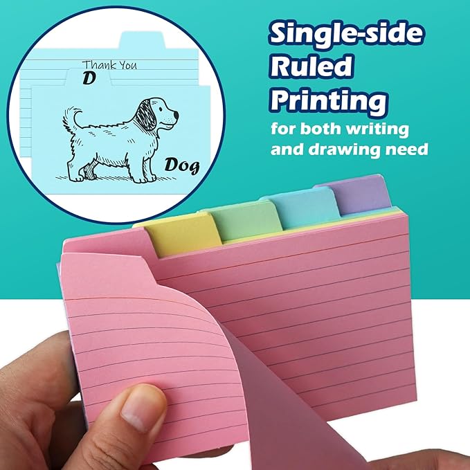 100 Pack Tabbed Index Cards 3x5 Lined Index Card Dividers with Tabs 3" x 5", Colored, 220 GSM Thick Paper
