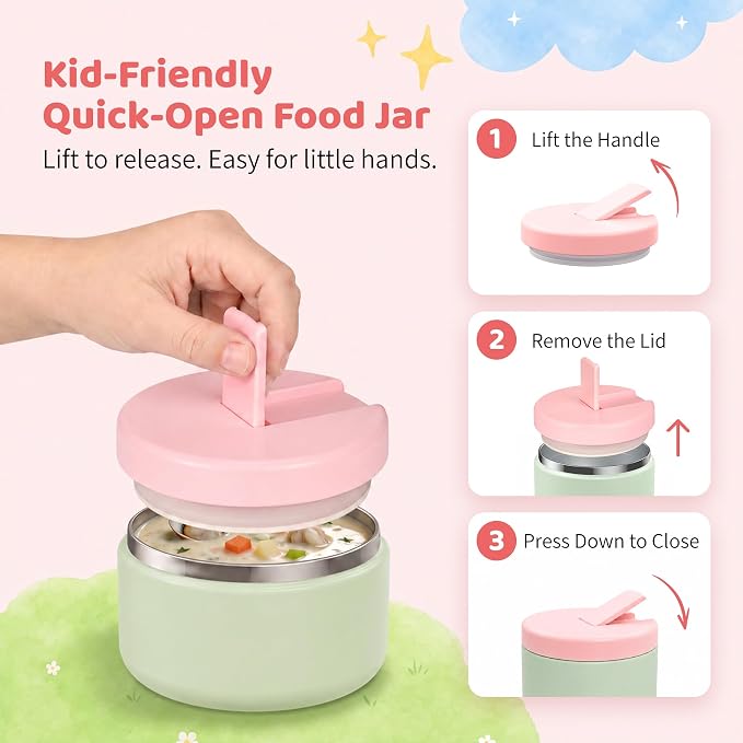 Bento Lunch Box with 8oz Soup Thermo, Kids Leakproof Lunch Food Containers with 4 Compartment, Kids Thermo Insulated Hot Food Jar for School, Trvael (Green-Pink)