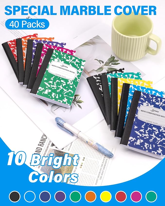 Dynta Composition Notebooks Bulk, 40 Packs 3.25 x 4.5 inch Mini Pocket Notebooks Narrow Ruled, 10 Assorted Colors Notebooks for School Office Home College (60 Sheets/120 Pages)