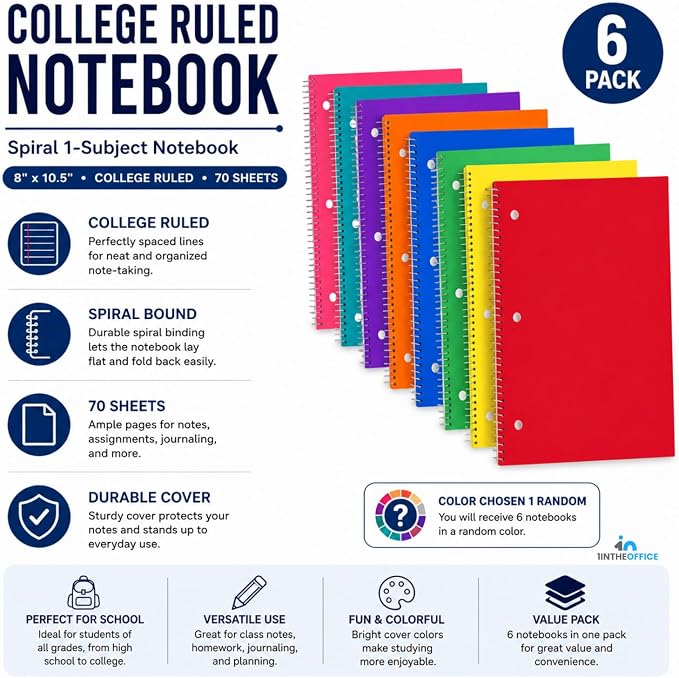 1InTheOffice Spiral Notebook College Ruled, 1-Subject Notebooks, Wirebound Spiral Notebook 8" x 10.5", 70 Sheets, Assorted Colors (6 Pack)