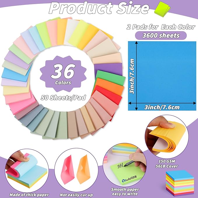 72 Pack Sticky Notes Bulk 3 x 3 in Self-Stick Note Pads Colorful Posted Note in 36 Colors Adhesive Paper Memo 50 Sheets/Pad Easy to Post for Office Home School Meetings Notebook Wall Door Window