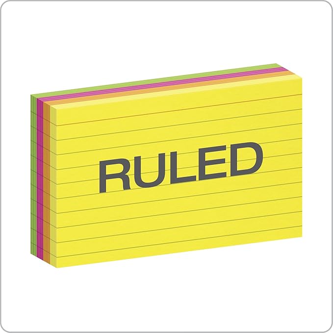 Oxford Neon Index Cards, 3" x 5", Ruled, Assorted Colors, 100 Per Pack (40279)
