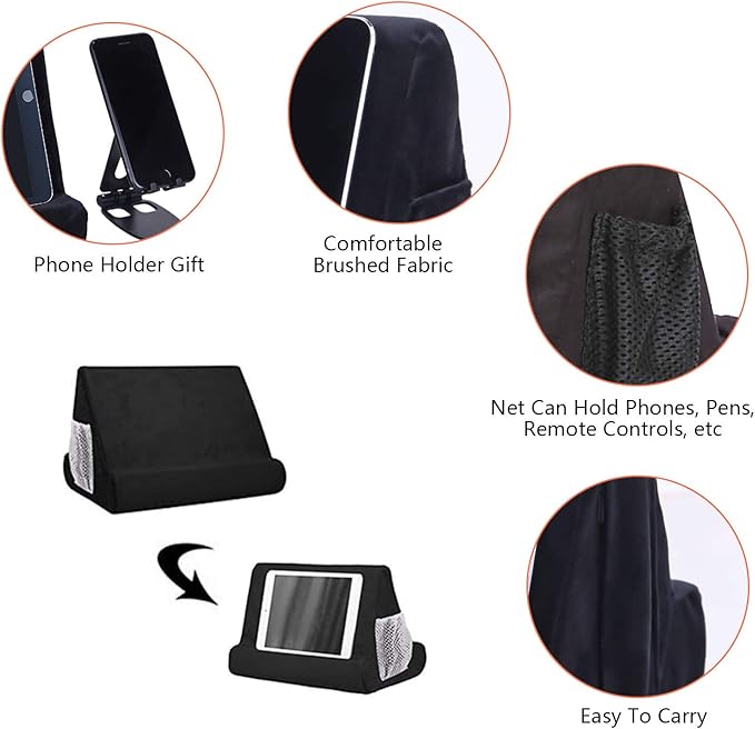 2pcs Multi-Angle Tablet Holder Cushion Stand with Net Pocket & Black Color Phone Stands Upgraded Tablet Pad Support for Phone,Pad,Books ( Black )