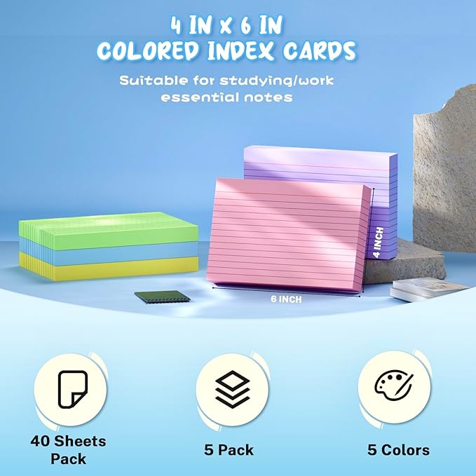 Colored Index Cards 4x6 Inch, 200 Count Note Cards 4x6, 5 Colors Flash Cards for Studying, 40 Sheets Per Color Lined Index Cards Ruled, Colored Notecards 4 x 6 for Office, School, and Home