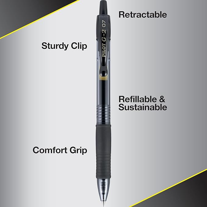 Pilot G2 Pens, Premium Refillable and Retractable Rolling Ball Gel Pens, Fine Point, 0.7mm, Black Ink, 12-Pack (31020)
