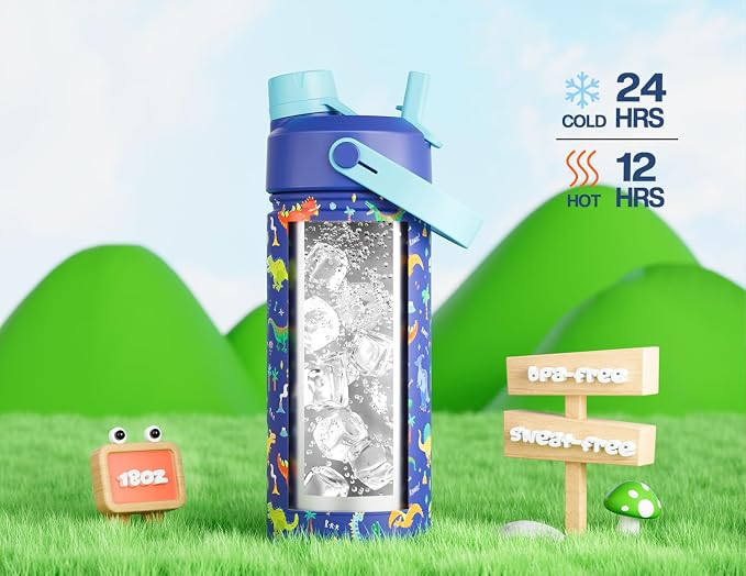 18 oz Kids Stainless Steel Water Bottle: Spill-Proof, Insulated Cup with Straw Spout Lid, BPA-Free, Car Cupholder Friendly, Durable, 24H Cold for Camping, Sports, Birthday Gift for Boys (Dinosaur-Era)