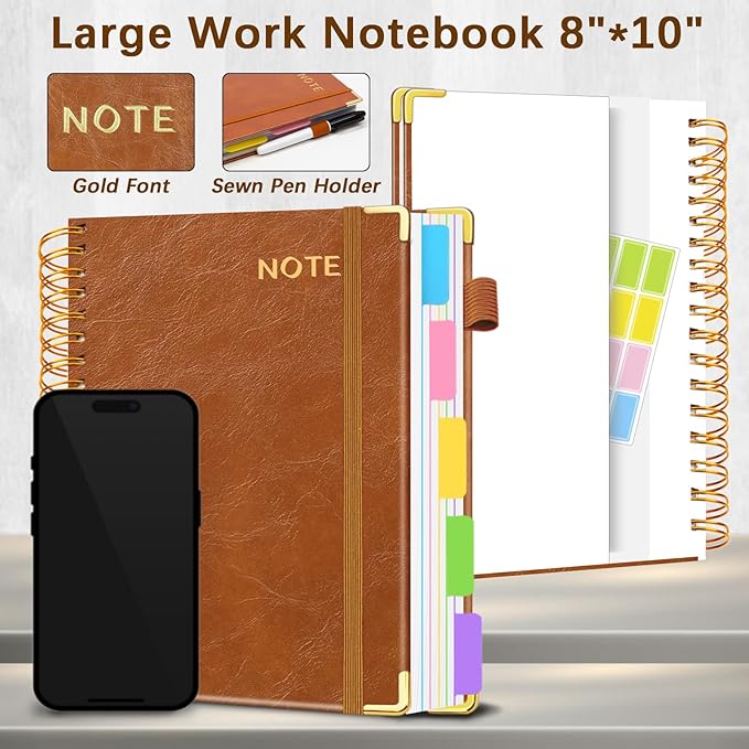 Hardcover Spiral Notebooks for Work 8''x 10'', 300 Pages 5 Subject Notebook with Dividers & Tabs, B5 Spiral Journal for Women, College Ruled Notebooks for School Note-Taking (Light Brown)