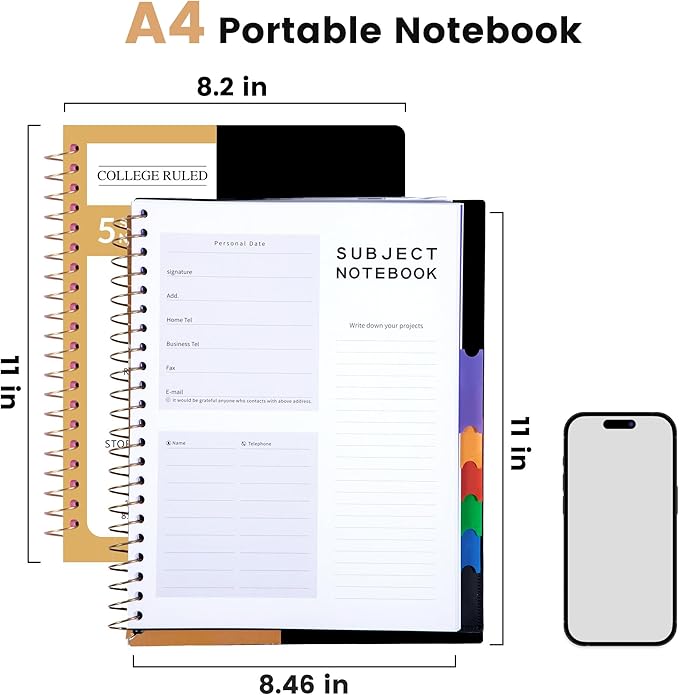 CAGIE Spiral Notebooks for School Work with Removable Dividers Tabs, 8.5” x 11” 5 Subject Notebook College Ruled, Large Lined Journaling Notebook for Women Men Writing, Black
