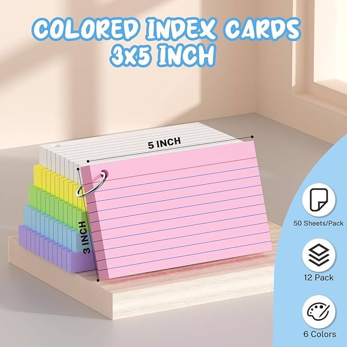 600 Pcs Index Cards 3x5, Colored Index Cards With Ring, 6 Colors Flash Cards with Rings, Flashcards for Studying, Heavy Bright Note Cards 3 x 5, Colored Notecards 3x5 Lined for Office, Home, School