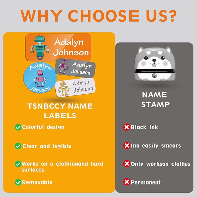 Custom Personalized Name Labels for Kids-(200-1000Labels) Waterproof Name Stickers Tags for School&Daycare,Clothing Tags,Washable&Durable Labels for Lunch Boxes, Bottles,Toys&GEA (Robots)
