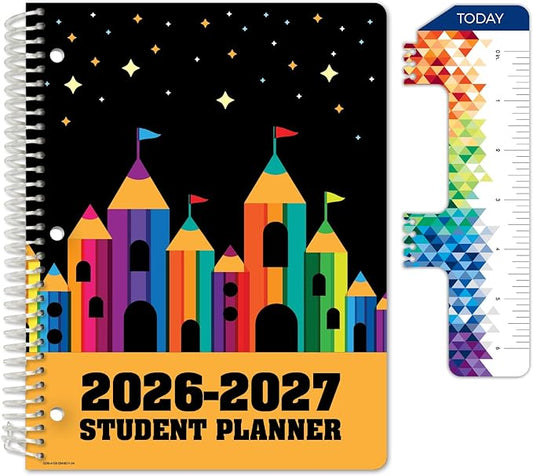 Global Datebooks 2026-2027 Elementary Student Planner 8.5" x 11" - Dated Weekly & Monthly Academic Planner with Ruler/Bookmark & Stickers, Ideal for Homework, Matrix Style, Pencil Castle