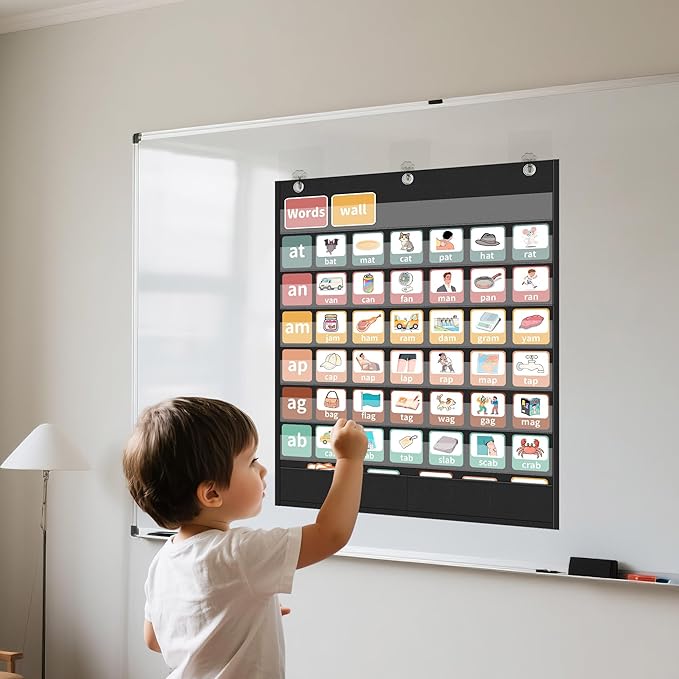 Yoink 7+2 Pockets Standard Pocket Chart, Clear 7 Pockets for Alphabet Learning with 2 Extra Storage Pocket, Chore Chart, Word Wall and Sentence Strips Chart for Classroom, Black (33" x 28.1")