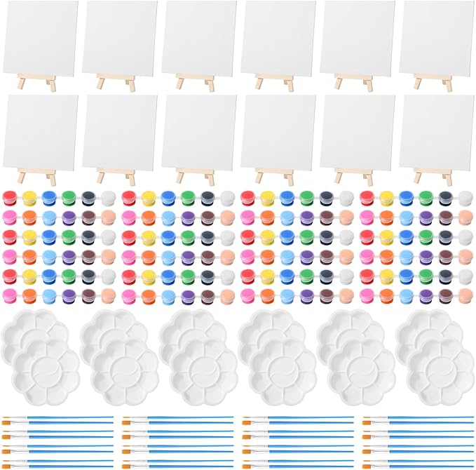Qilery 12 Set Canvas Painting Kit, Mini Canvas with Wooden Easels Acrylic Paints Strips, Brushes, Palette, Art Set for Acrylic Oil Watercolor Adults Birthday Party Favors(6 x 6 Inch)