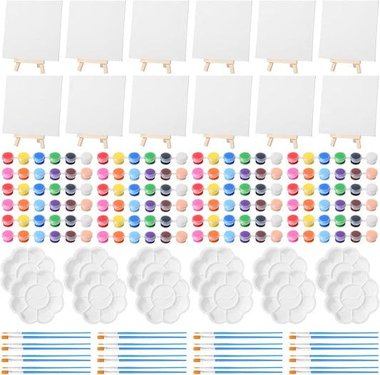 Qilery 12 Set Canvas Painting Kit, Mini Canvas with Wooden Easels Acrylic Paints Strips, Brushes, Palette, Art Set for Acrylic Oil Watercolor Adults Birthday Party Favors(6 x 6 Inch)