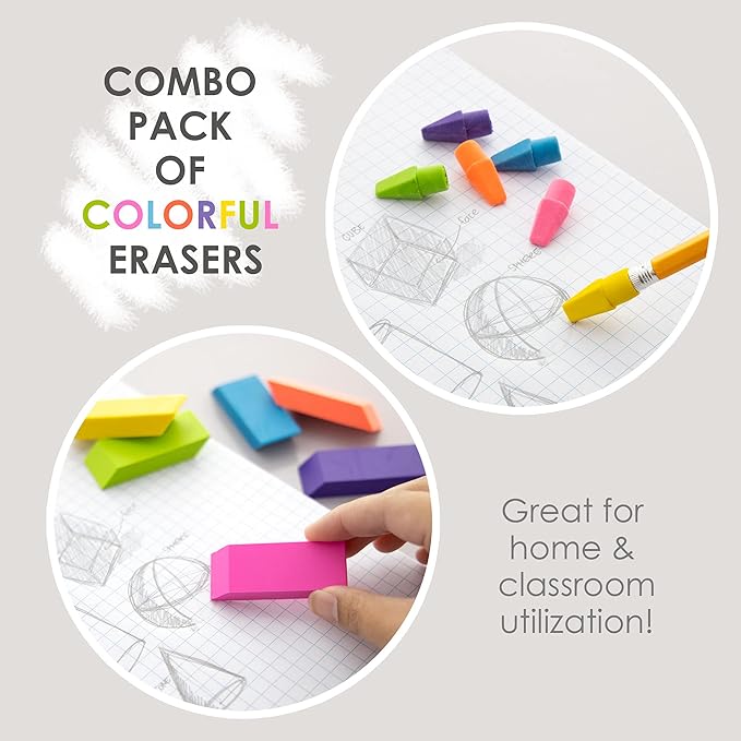 BAZIC Products Erasers + Pencil Top Erasers Set (12/Pack), Block Bevel Erasers Neon Color, Arrowhead Caps Tops, Latex Free, for Art Drawing School, 72-Packs