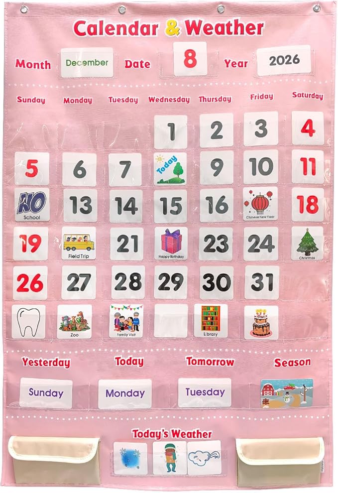 Interactive Calendar for Kids - Learning Calendar Wall Chart with Daily Weather, Seasons for Toddlers Preschool - Homeschool Classroom Must Haves Supplies for Circle Time Morning Board (Pink)