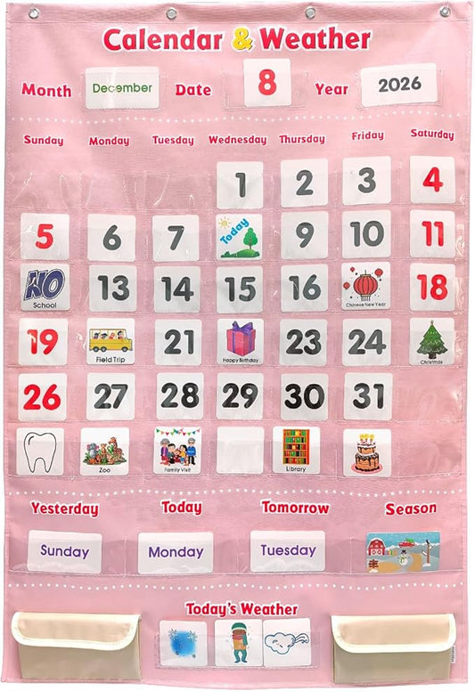 Interactive Calendar for Kids - Learning Calendar Wall Chart with Daily Weather, Seasons for Toddlers Preschool - Homeschool Classroom Must Haves Supplies for Circle Time Morning Board (Pink)