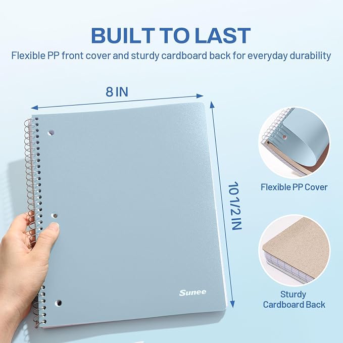 SUNEE Spiral Notebook, 1-Subject, Graph Ruled Paper, 8" x 10-1/2", 100 Sheets per Notebook, 3-Hole Punched Paper, Water Resistant Cover, Spiral Grid Notebooks for Work, Home, School, Grey Blue