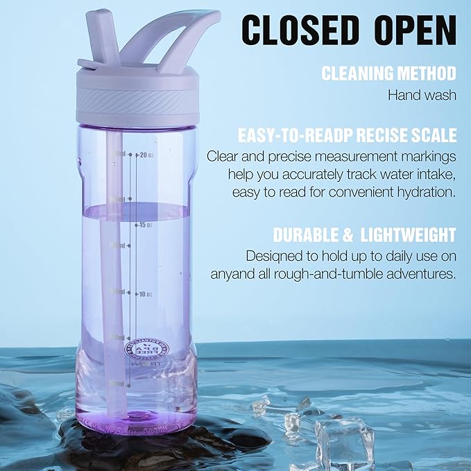 OLDLEY 20oz Kids Water Bottle with Straw, BPA-Free Tritan Water Bottle for School, Leakproof Clear Water Bottle with One Click Open, Measurement Scale, Cup Holder Friendly for Boys Girls,Purple