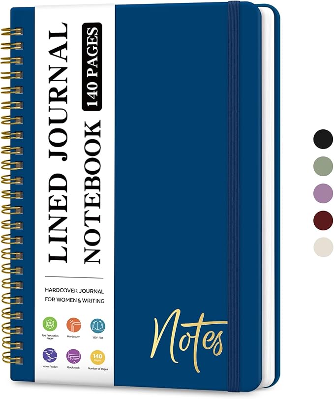 ZOTIA Lined Spiral Journal Notebook for Women, A5 College Ruled Journals for Writing, Hardcover Notebooks for Work, Note taking and Office School Supplies,140 Pages - Navy Blue