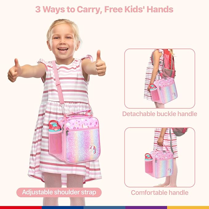 Bagseri Kids Lunch Bag with Shoulder Strap - Insulated Crossbody Girls Lunch Box for School & Travel, Reusable Large Meal Tote with Bottle Holder, Fits Bento Box, Pink Unicorn