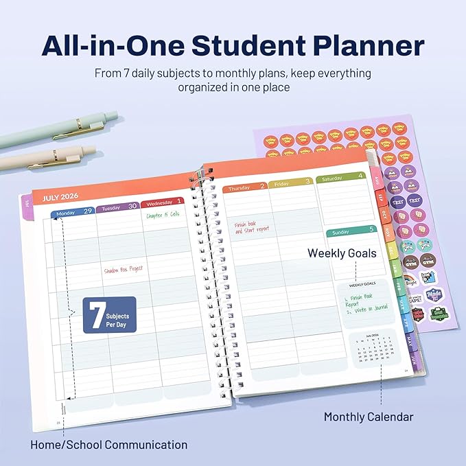 Student Planner 2026-2027, SUNEE Middle or High School Datebooks Student Planner for Academic Year Jul. 2026 - Jun. 2027, 6.5" x 8.3" Lesson Plan Book with Bookmark, Planning Stickers, Academic Color