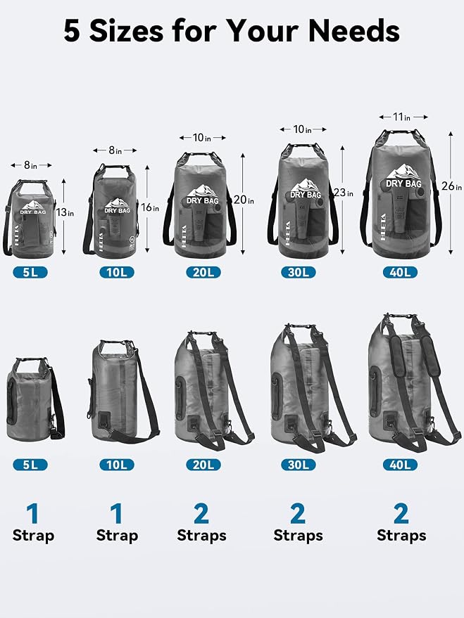 HEETA Dry Bag Waterproof Backpack with Phone Case 5L/10L/20L/30L/40L | Roll Top Lightweight Dry Storage Bag for Women Men, Travel Boating Kayaking Paddle Board Camping Beach Essentials Accessories