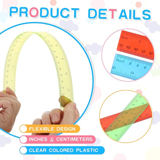 24 Pack Color Transparent Ruler Bulk 12 Inch Clear Plastic Rulers Kids Ruler with Centimeters and Inches Straight Measuring Drafting Tools for Classroom School Students Families Education