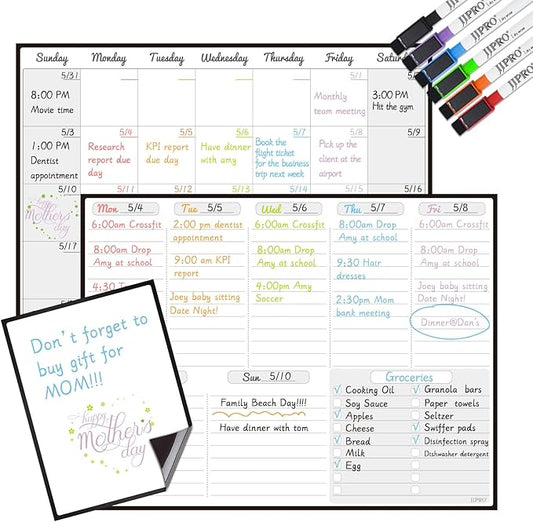 JJPRO Magnetic Dry Erase Monthly Calendar and Weekly Whiteboard for Fridge-Monthly Planner,Weekly Dry Erase Board for Refrigerators,One Bonus Notepad/to Do/Grocery List