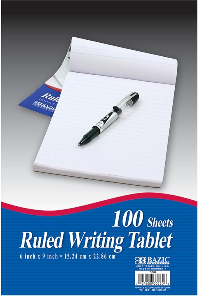 BAZIC Products Writing Pad 100 Sheets 6" x 9" – Writing Pad With Durable Lined Note Pads, Smooth Writing Paper, and Easy-tear Paper Pads; Compact Note Pads and Writing Pads for Office, School, or Home, 1-pack