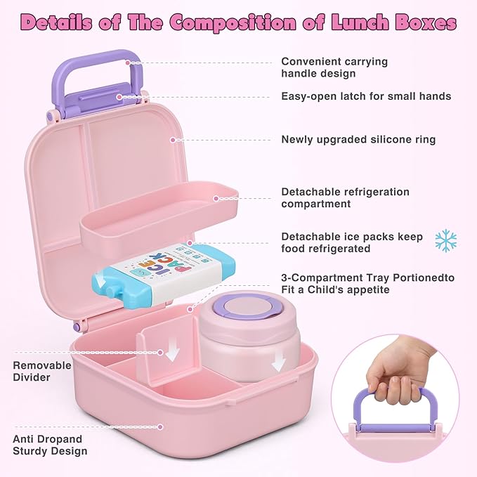 Bento Lunch Box for Kids with 7oz Soup Thermo,Insulated Stainless Steel Kids Water Bottle with Straw and Insulated Lunch Bag,Leak-Proof Lunch Food Container with Ice Pack for School (Pink)