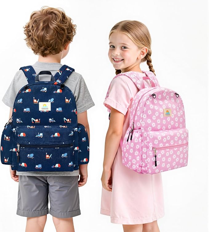 STEAMEDBUN Corduroy Kids Backpack for Girls and Boys 5-8: Girls Backpack for Elementary Kindergarten - 15 inch Cute Backpacks for Kids - Pink Daisy