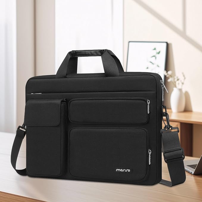 MOSISO Laptop Shoulder Bag 15.6 inch, 15-15.6 inch Computer Bag Compatible with MacBook Pro 16 inch, HP, Dell, Lenovo, Notebook with 2 Raised&1 Flapover&1 Horizontal Pocket&Handle&Belt, Black