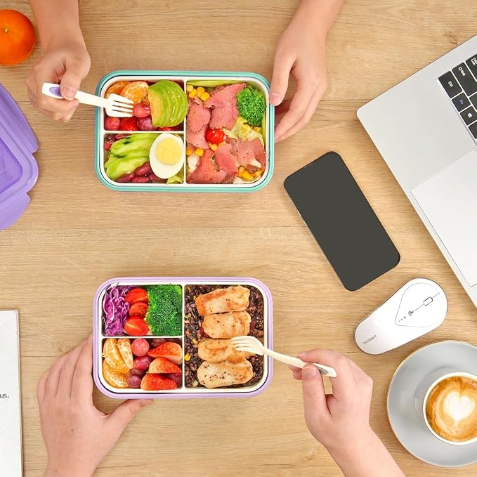 LOVINA Bento Boxes for Adults - 1100 ML Lunch Box Container For Kids Teens | Built-in Spoon & Fork - Durable for On-the-Go Meal, BPA-Free and Food-Safe Materials(Purple Green)