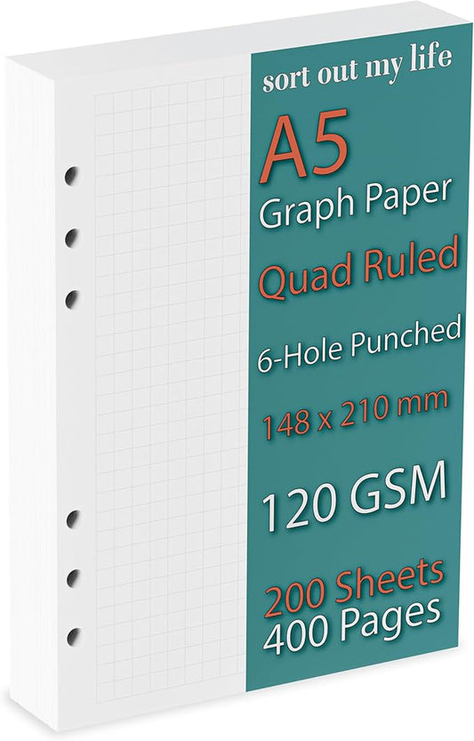 A5 Graph Paper Refill, 6-Hole Punched, Quad Ruled, 120GSM, 200 Sheets (400 Pages), 5.83 x 8.27 inches, 1/4 Inch Squares for 6-Ring Planner Binders